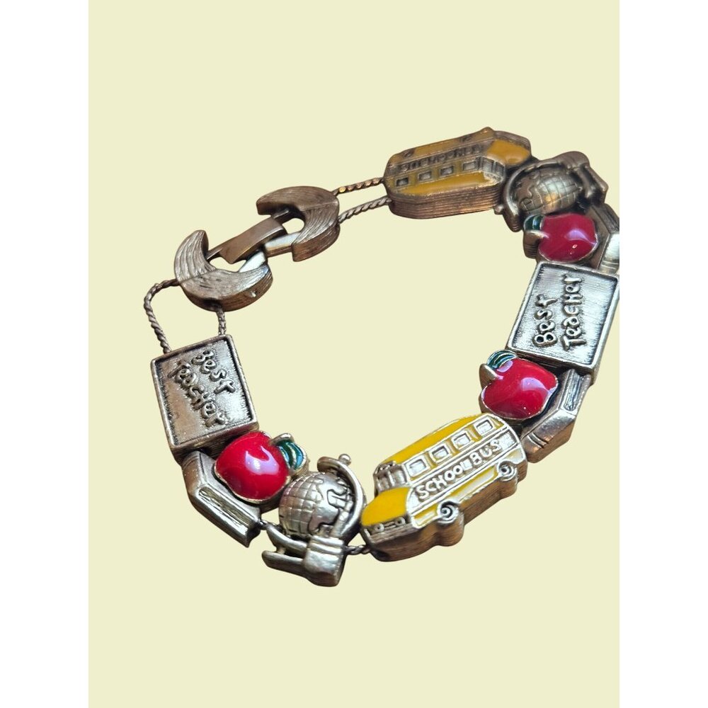 Vintage Best Teacher Charm Bracelet With Apples School Bus Teacher Gift daycare - Picture 4 of 10